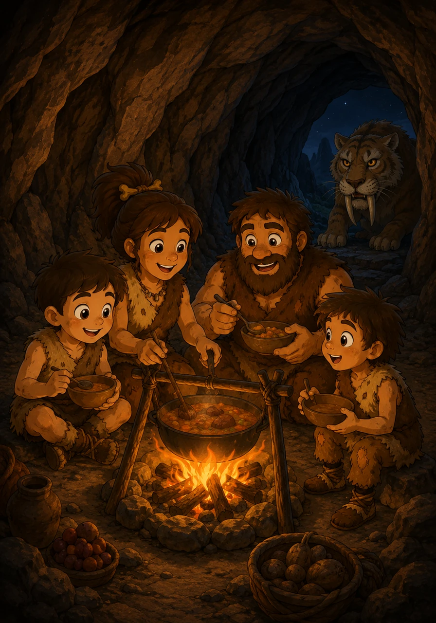Inside a warm, shadowed cave, Ugh's family sits happily together around a crackling campfire while a hearty meal cooks over the flames. Outside the dark cave entrance, a fierce saber-toothed tiger stares longingly from the shadows, deterred by the bright, protective light.
