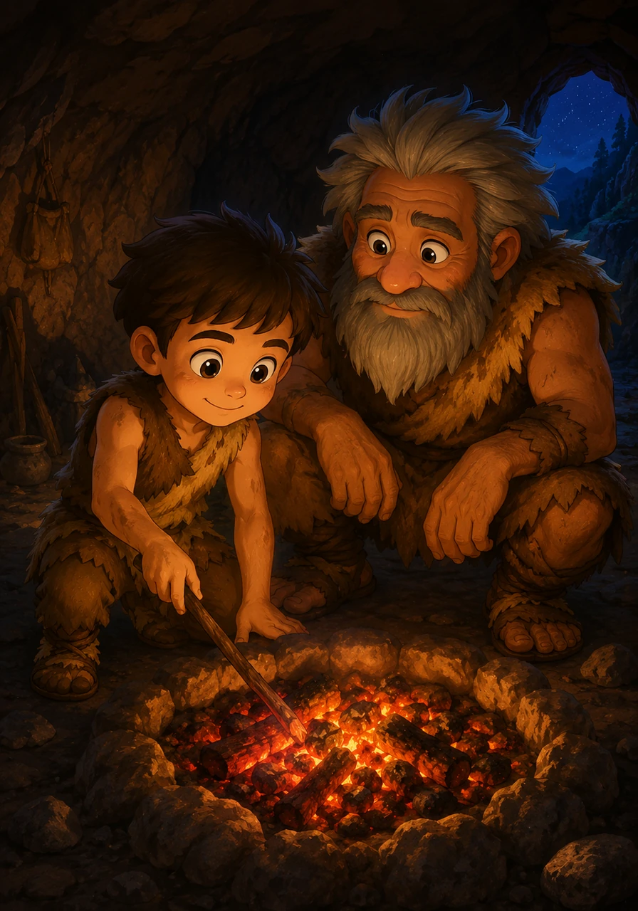 A young prehistoric boy and an older tribal elder stand together near the cave entrance, carefully watching over the glowing coals of their fire. They work as a team, sharing the vital responsibility of keeping the community safe and warm through the night.