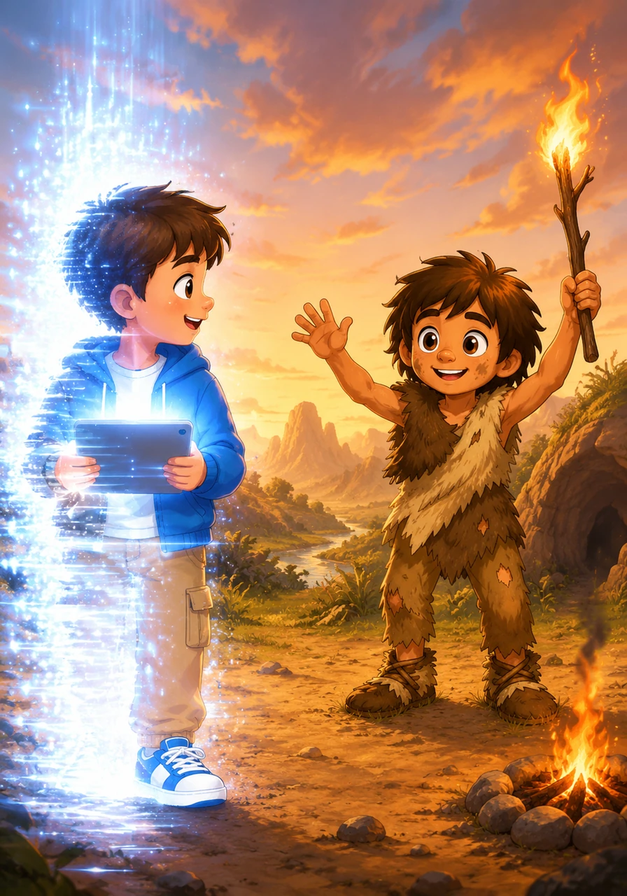 Leo begins to softly fade into a shimmering light as his tablet screen glows brightly to transport him back to the year 2026. Ugh smiles warmly and waves goodbye, holding his fire-making stick high in the air as a symbol of their unforgettable cross-time friendship.