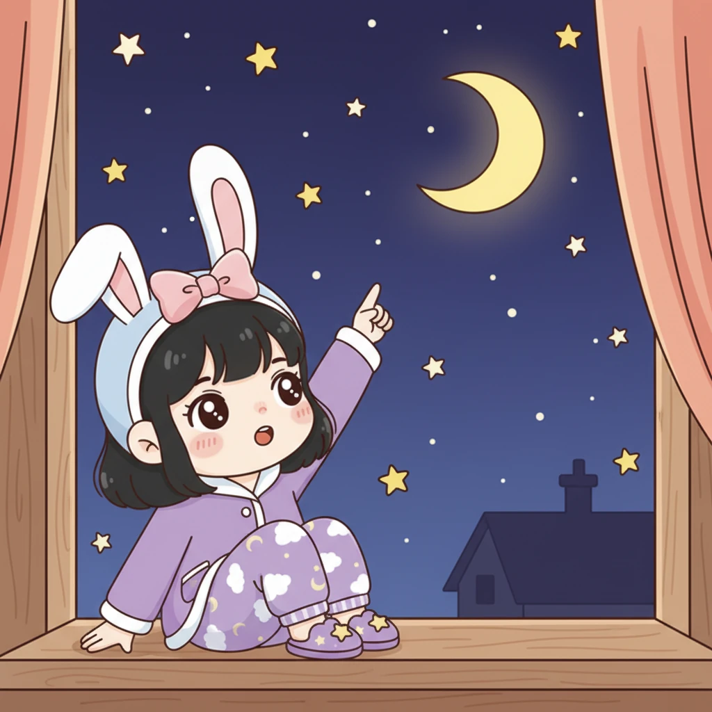 夜幕降临,酷洛米穿着她最喜欢的紫色睡衣,坐在窗前。她看着窗外漆黑的天空,虽然有点困,但心里却像小兔子一样跳来跳去,一点也睡不着。