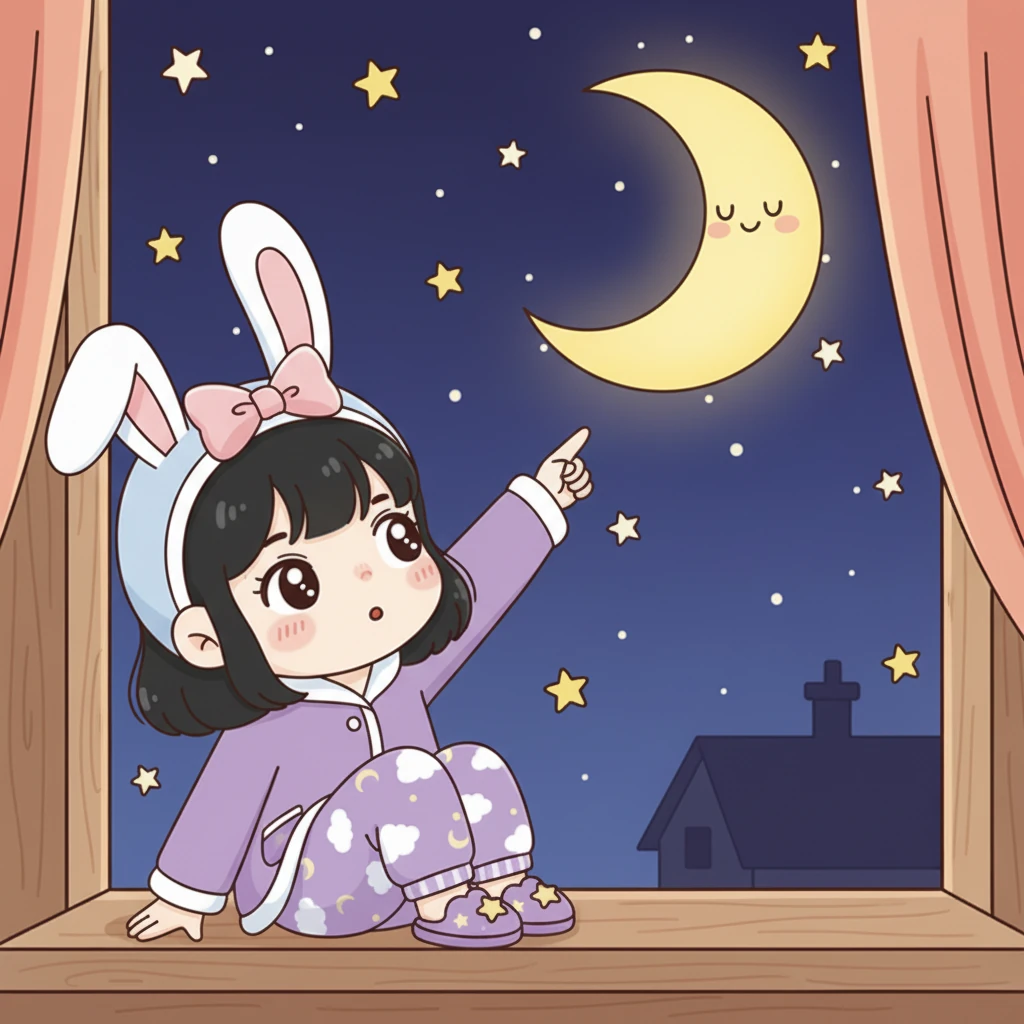 她好奇地抬头望向天空,发现月亮像个弯弯的香蕉挂在天上,还有好多小星星眨着眼睛。它们好像在对酷洛米说:“晚安,酷洛米!”