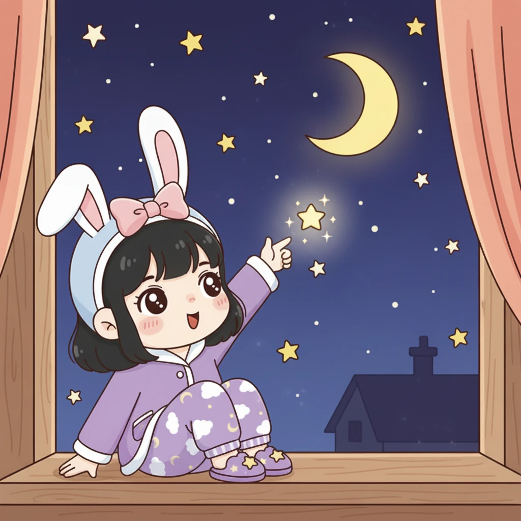 突然,一颗小小的、亮晶晶的星星从天空中轻轻飘下来,停在酷洛米的窗边。它闪烁着温柔的光芒,仿佛在邀请酷洛米一起去探险。