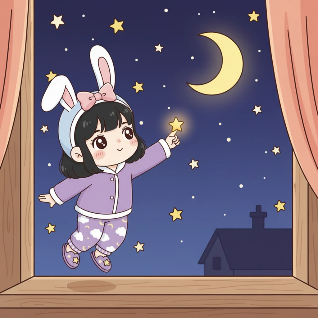 酷洛米小心翼翼地伸出手,小星星落在她的指尖上,轻轻地牵引着她。她感到身体变得轻飘飘的,像一片羽毛一样,跟着小星星飞出了窗外。