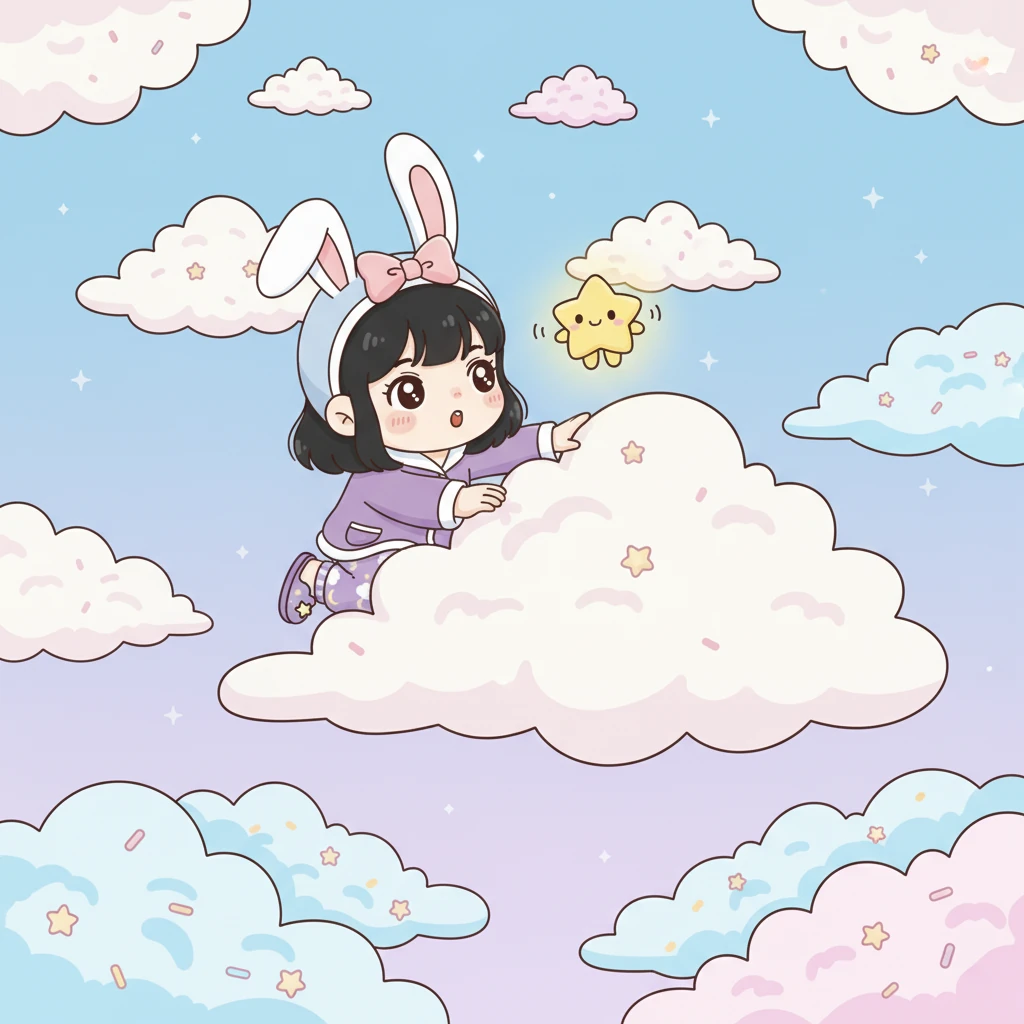 他们一起飞过软绵绵的云朵,这些云朵像巨大的棉花糖一样,散发着甜甜的味道。酷洛米忍不住想尝一口,但小星星提醒她要轻柔地飞过。