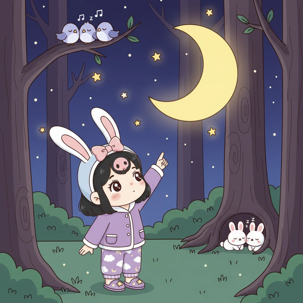 他们看到了一片安静的森林,小动物们都进入了甜美的梦乡。小兔子们 snuggle 在温暖的洞穴里,小鸟们依偎在树枝上,呼噜声此起彼伏。