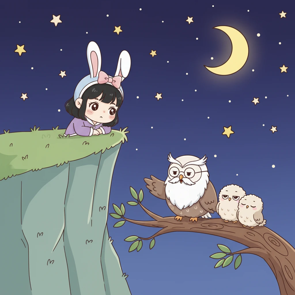 他们还悄悄地来到了一座高高的山顶,看到了一只白胡子猫头鹰爷爷,正在给他的小猫头鹰们讲睡前故事。故事声像催眠曲一样,让酷洛米感觉更困了。