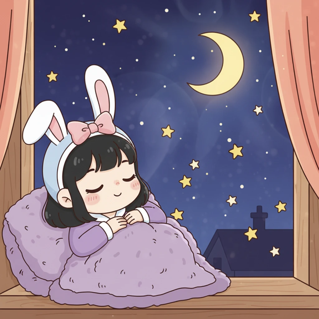 酷洛米 snuggle 在她最喜欢的紫色被子里,小星星还在窗外对她眨了眨眼,然后慢慢地回到了夜空中。酷洛米甜甜地睡着了,梦里都是和星星一起飞翔的快乐时光。