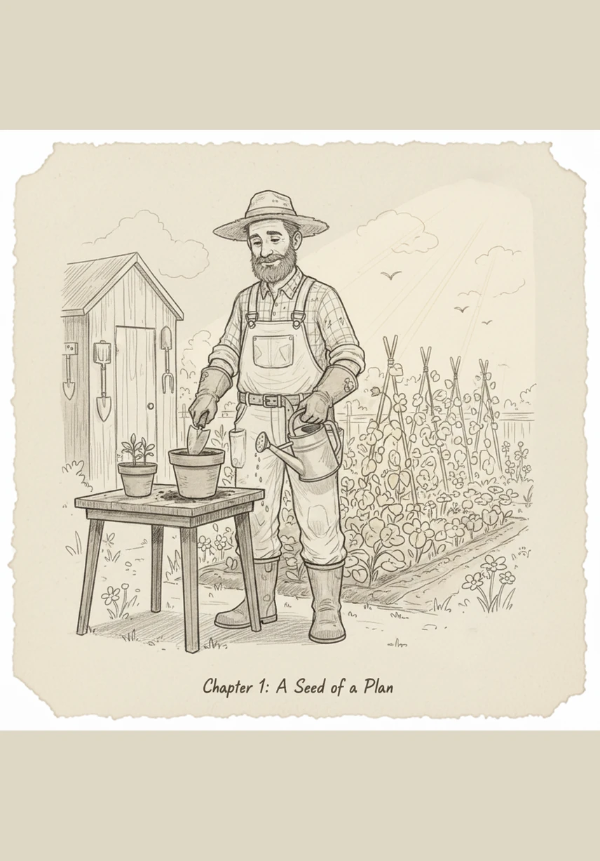 The golden sun rises over a cozy cottage, casting a warm glow on the colorful flowerbeds outside. Inside, George the Gardener wakes up with a bright smile, ready for a busy day of planting and pruning.