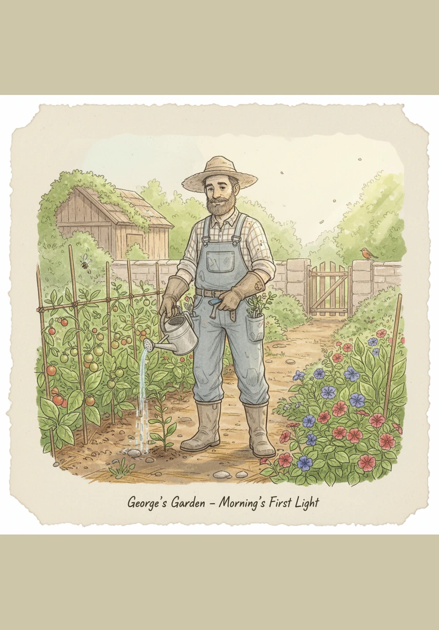 George stands in the middle of his sun-drenched bedroom, stretching his arms wide after a good night's sleep. He looks out the window at the tall sunflowers and knows it is time to start his morning routine.