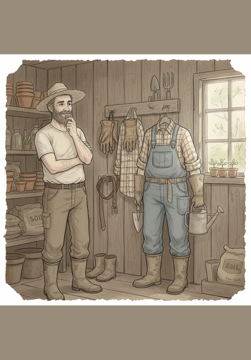 George gazes at his clothes, scratching his chin thoughtfully as he wonders what he should wear to work. He needs something sturdy and comfortable that can handle a long day of digging in the dirt.