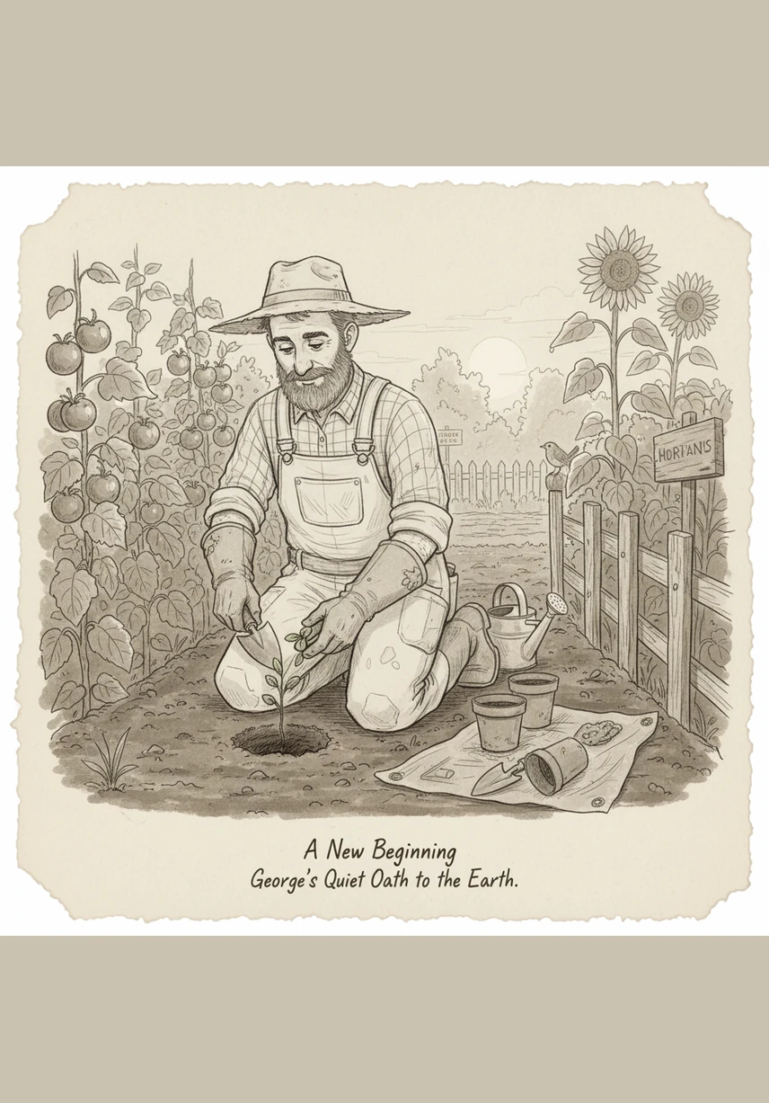 With a gentle pull, the wardrobe doors swing open to reveal his favorite gardening gear hanging inside. The faint scent of fresh cotton and earth fills the room as he reaches for his outfit.