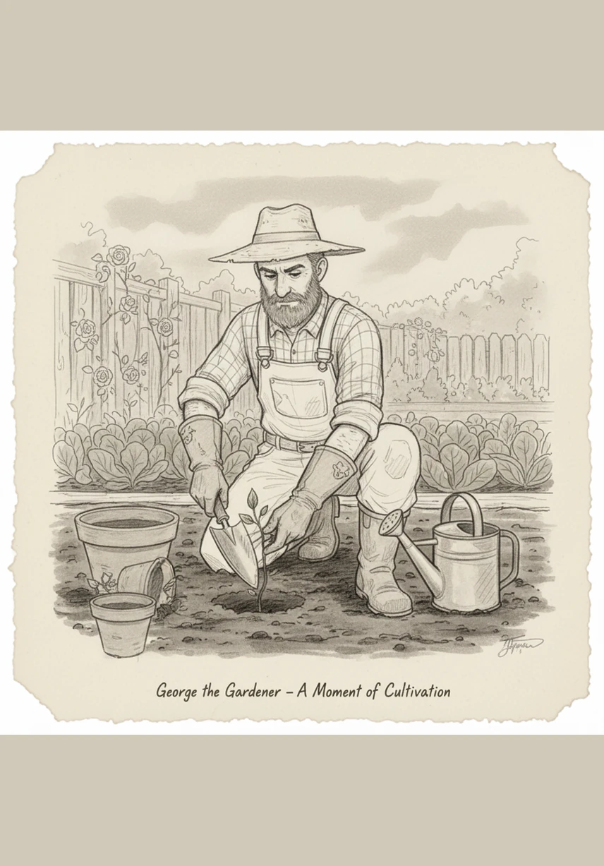 George steps into his bright blue overalls, pulling the straps over his shoulders to keep his clothes underneath clean. He feels sturdy and protected, ready to handle any messy task the garden might bring.