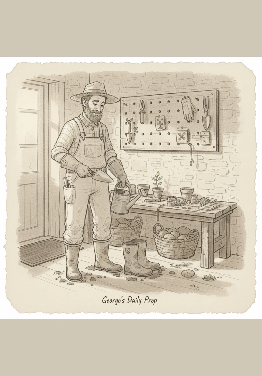 Next, George pulls on his tall, green rubber boots to keep his feet dry and cozy in the damp garden soil. He stamps his feet on the wooden floor with a satisfying thud, feeling very professional.