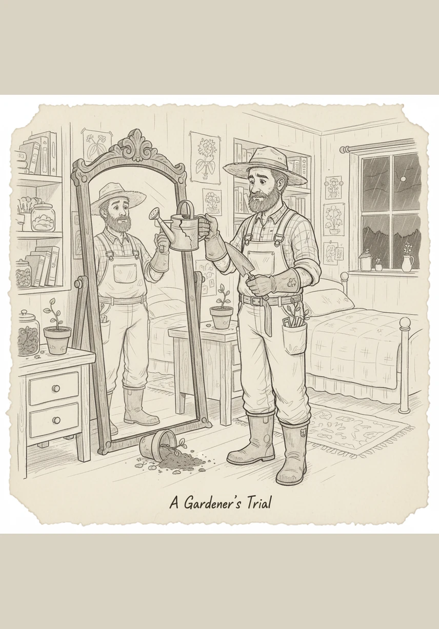 George stands tall before his bedroom mirror, checking every button and strap from head to toe. A proud smile spreads across his face because he finally looks exactly like a gardener should.