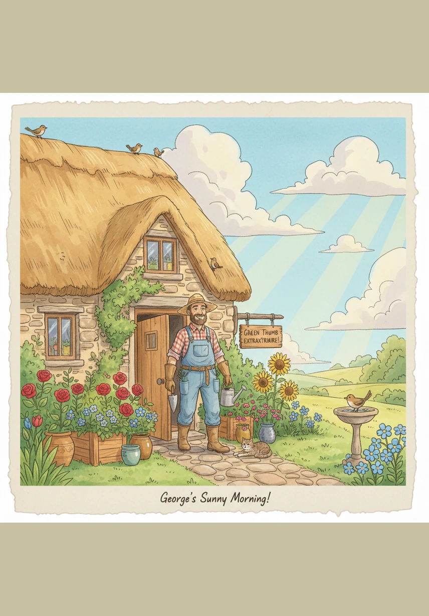 With a happy wave, George steps out into the bright sunshine, carrying his watering can toward the blooming flowers. He is perfectly dressed and ready for a wonderful, productive day in his beautiful garden.
