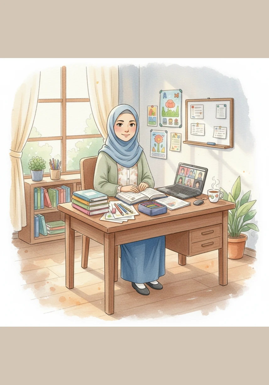 Teacher Hana watches her computer screen with a concerned expression, noticing the empty squares where some students should be. She realizes that while some have the best tools, others like Badrul are struggling just to stay connected.