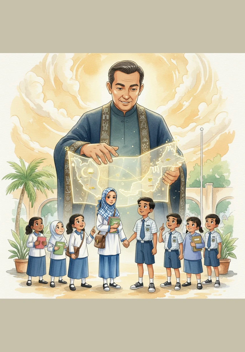 A majestic and symbolic figure named Mr. Nation appears over a glowing map of Malaysia, spanning the distance between the tall city towers and the green village hills. He reminds us that a nation can only be truly strong if no child is left behind in the dark.