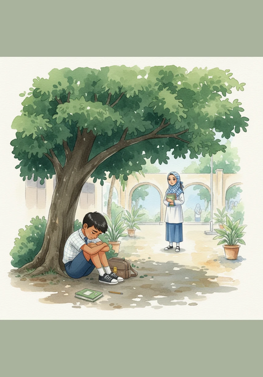 Badrul sits under the shade of a large tropical tree, looking down at his disconnected phone with tears of frustration in his eyes. The pressure of falling behind in his studies makes him feel like the digital world is a wall rather than a door.