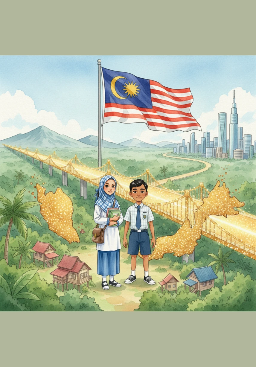 A magnificent bridge made of golden digital light stretches across the entire country, connecting every home from the deepest jungle to the highest skyscraper. Alya, Badrul, and Teacher Hana stand together under the waving national flag, ready to lead their country into a bright, united future.