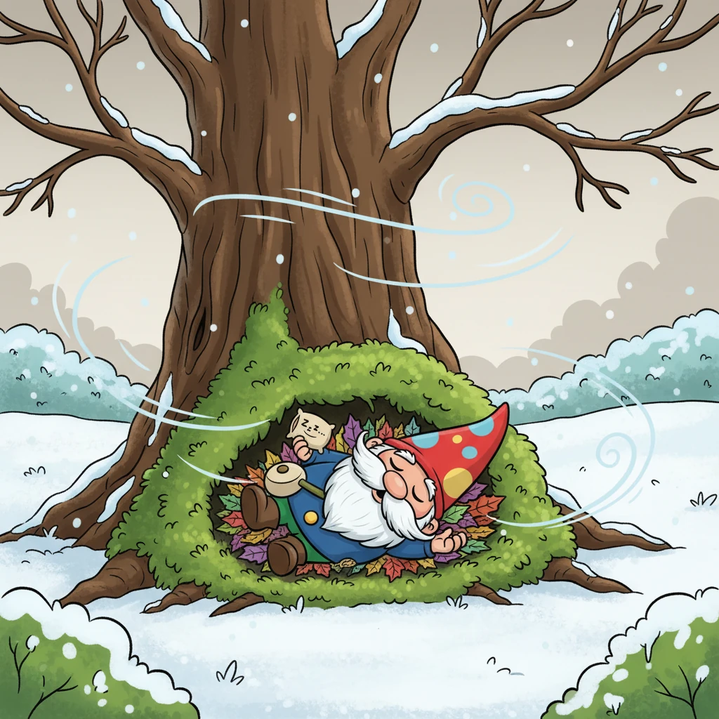 Under a grand old oak tree, a tiny garden gnome named Pip snuggled deep in his mossy bed. Outside, a thick blanket of sparkling snow covered the quiet garden. Icy winds whispered through the bare branches, but Pip stayed perfectly warm and cozy.