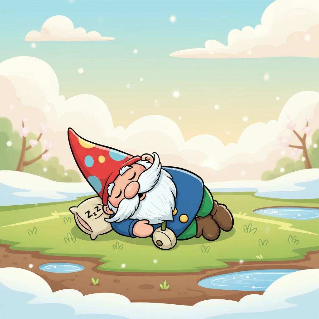 As winter slowly began to fade, the first gentle rays of sunlight peeked through the clouds. The snow started to melt in glistening puddles, revealing hints of green beneath. Pip, still deep in slumber, didn't stir just yet.