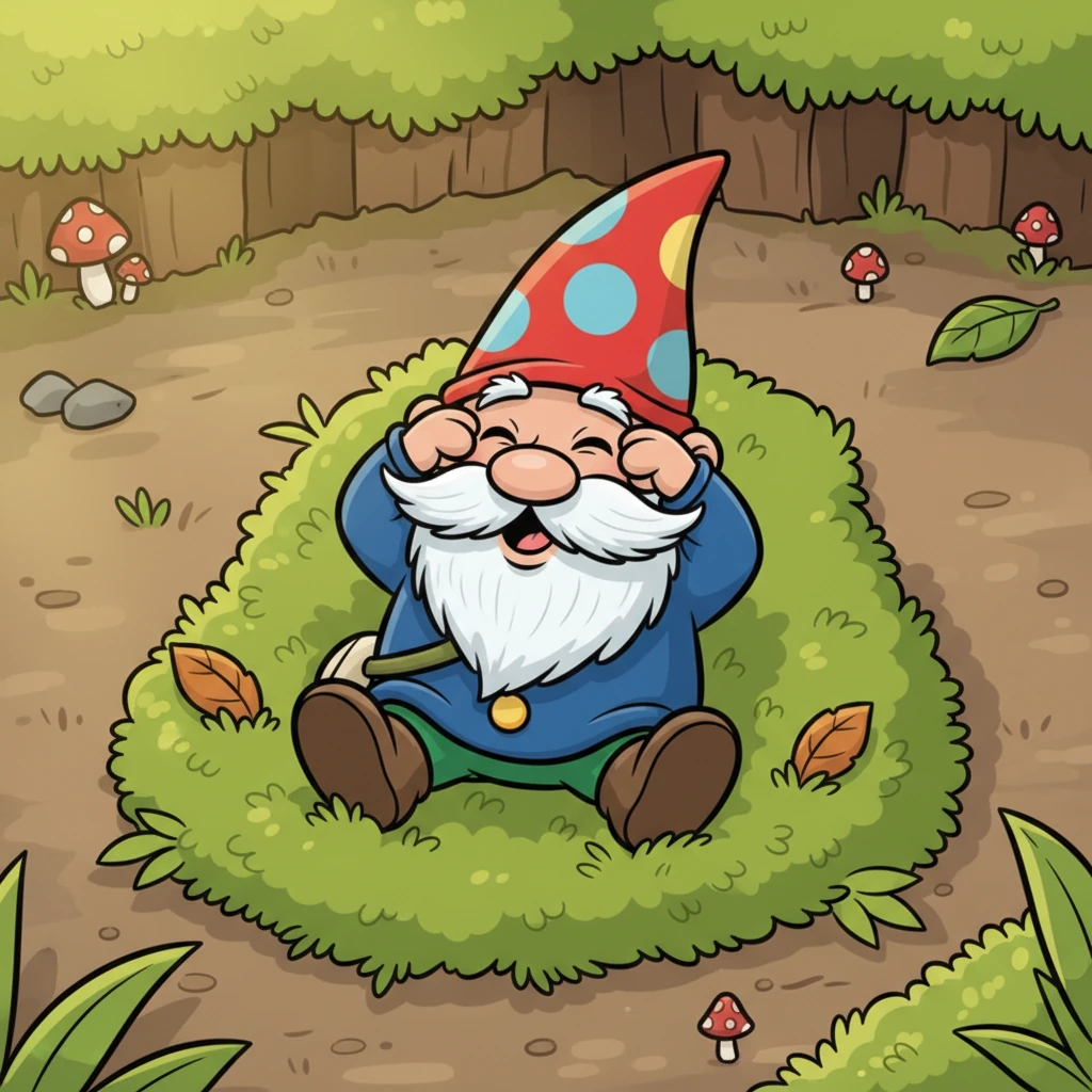 Pip rubbed his sleepy eyes with his small, gloved hands, blinking slowly. He looked around his cozy moss bed, his little red hat slightly askew. A soft, happy smile began to spread across his face as he realized where he was.