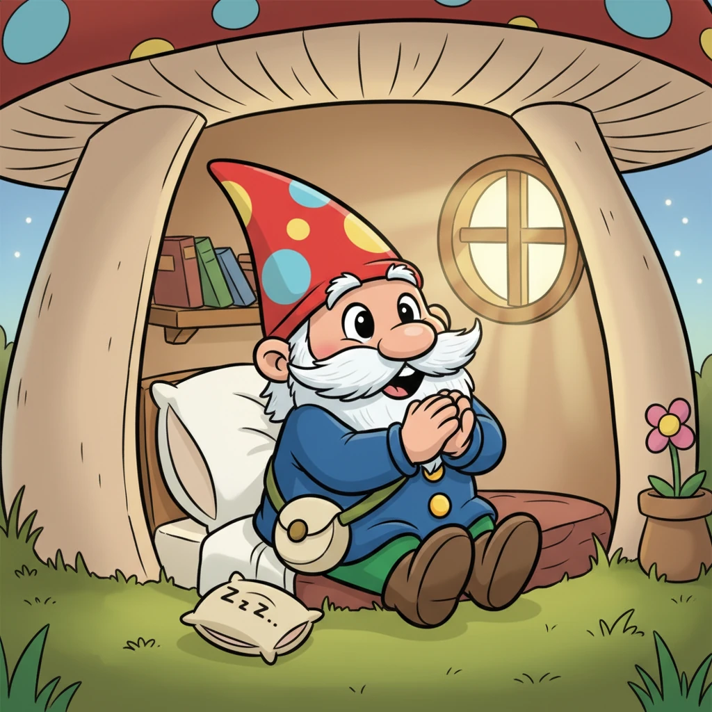 With a joyful twinkle in his eye, Pip sat up quickly, his beard bouncing. "It's time to wake up!" he chirped, his voice full of excitement. He clapped his hands together, ready for the day.