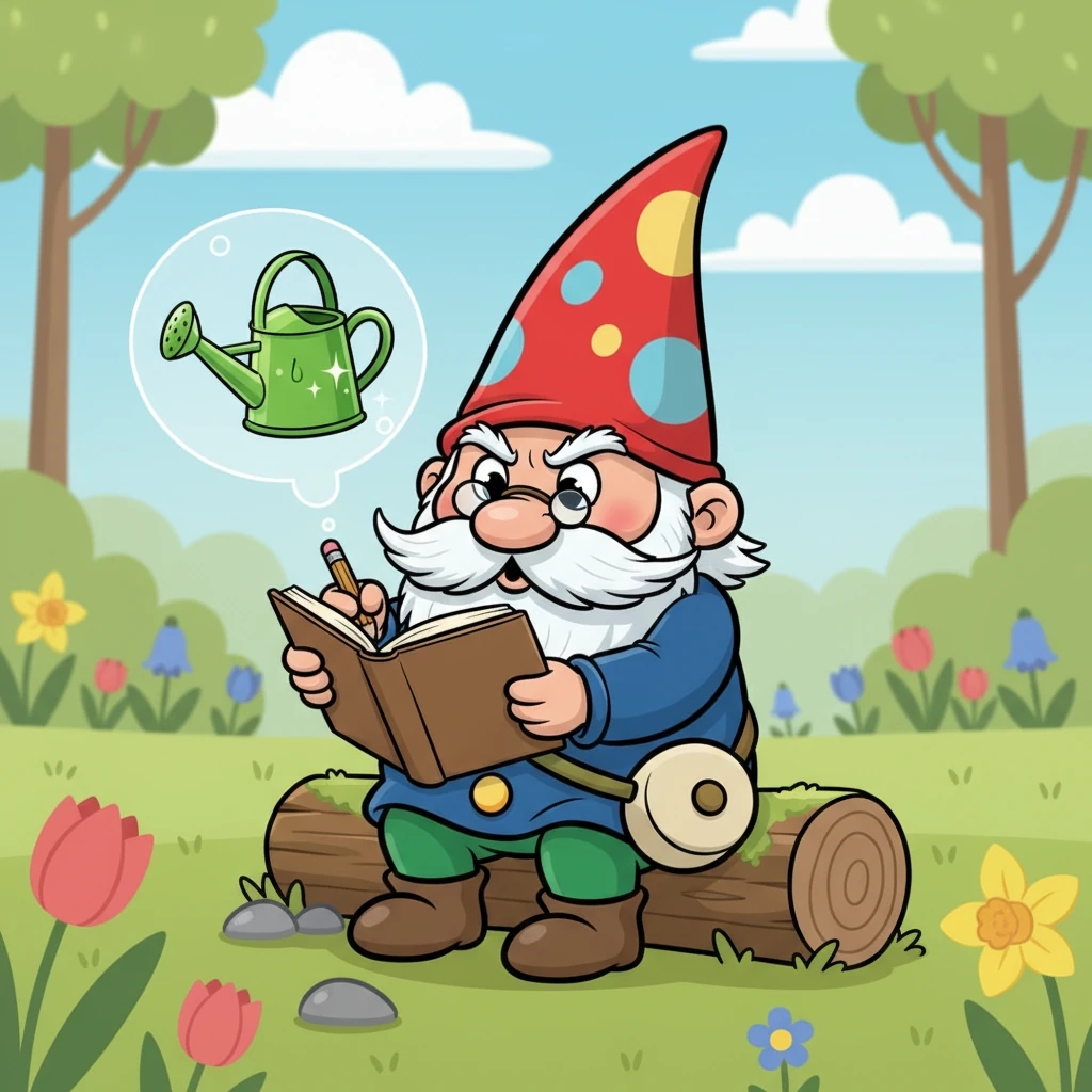 Pip carefully opened his notebook to a fresh page, ready to jot down his spring essentials. With a focused frown, he wrote down the first item: a shiny new watering can. He imagined it glistening in the sun.