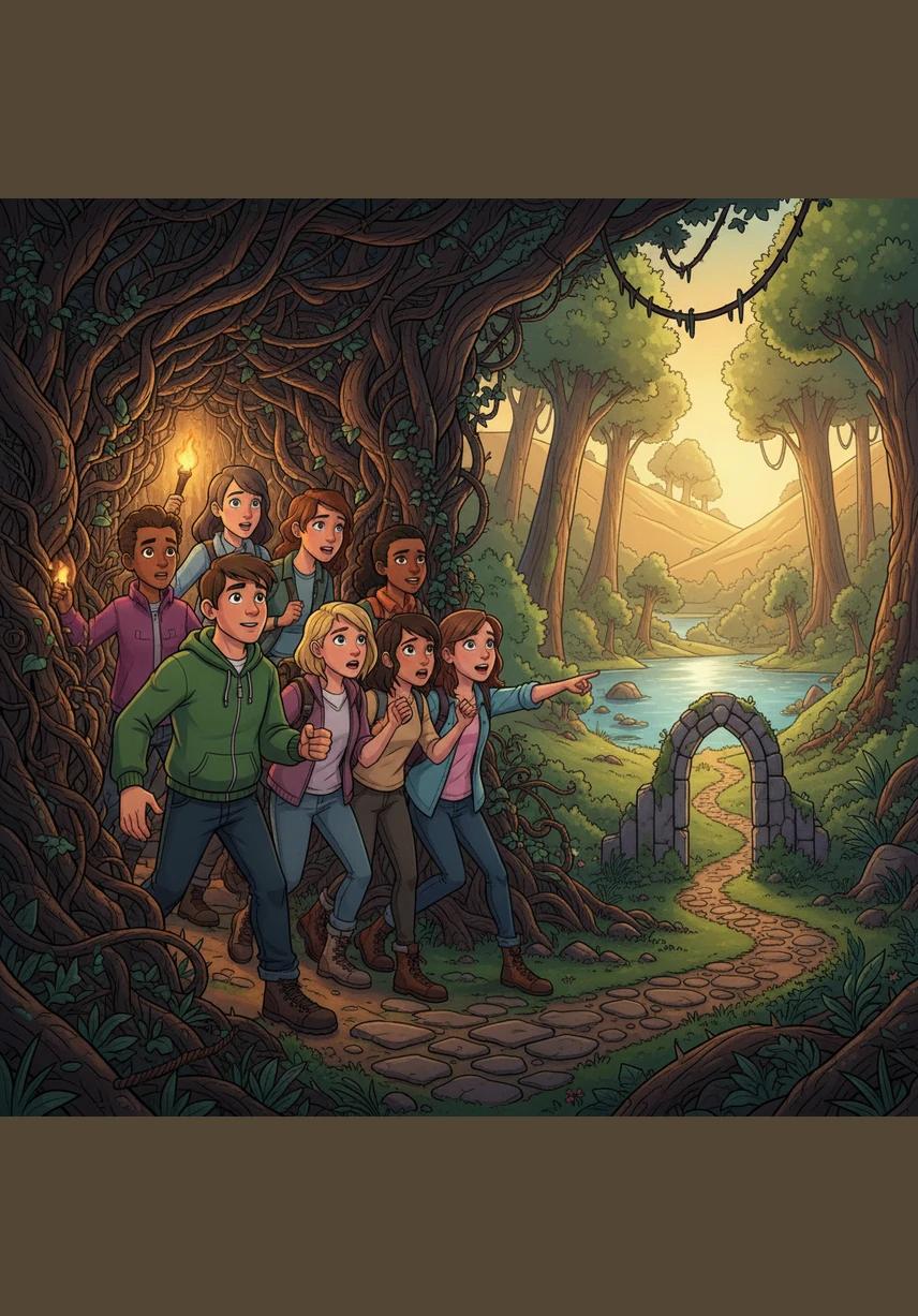 They break through the thicket to find a breathtaking, secluded lake that glows with an ethereal blue light under the midday sun. Near the shore, a moss-covered wooden sign bears a clear, startling warning about the water's transformative powers.