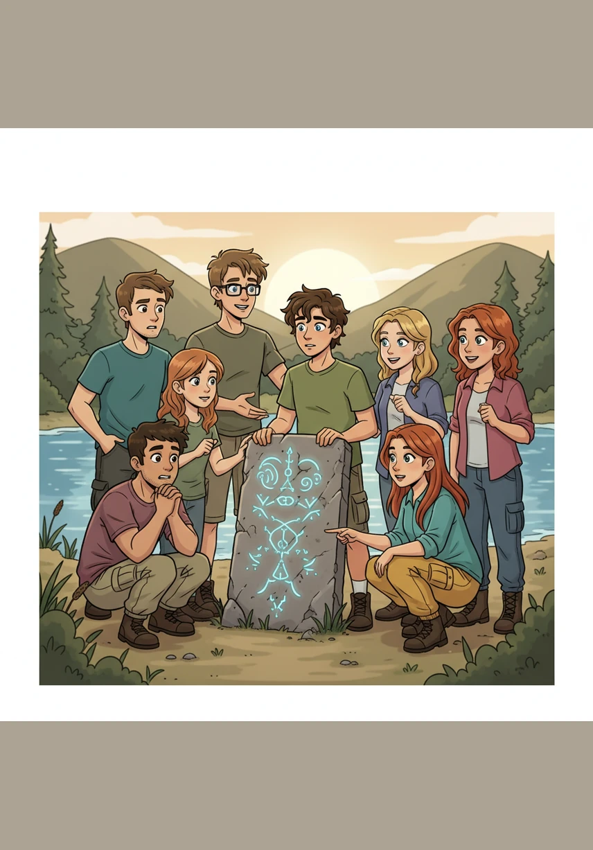 The group gathers around the sign, reading the ancient script that promises a complete change to a female form for any man who dares to swim. Leo looks at his friends, seeing a mix of daredevil excitement and nervous wonder in their eyes.