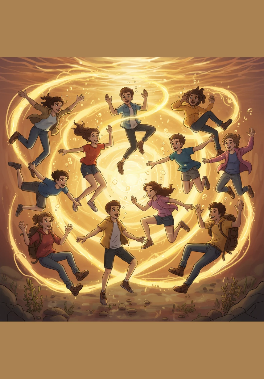 Driven by a shared sense of adventure, the nine friends discard their gear and dive into the warm, shimmering depths of the lake. The moment they submerge, the water begins to swirl with a magical, golden radiance that envelops them all.