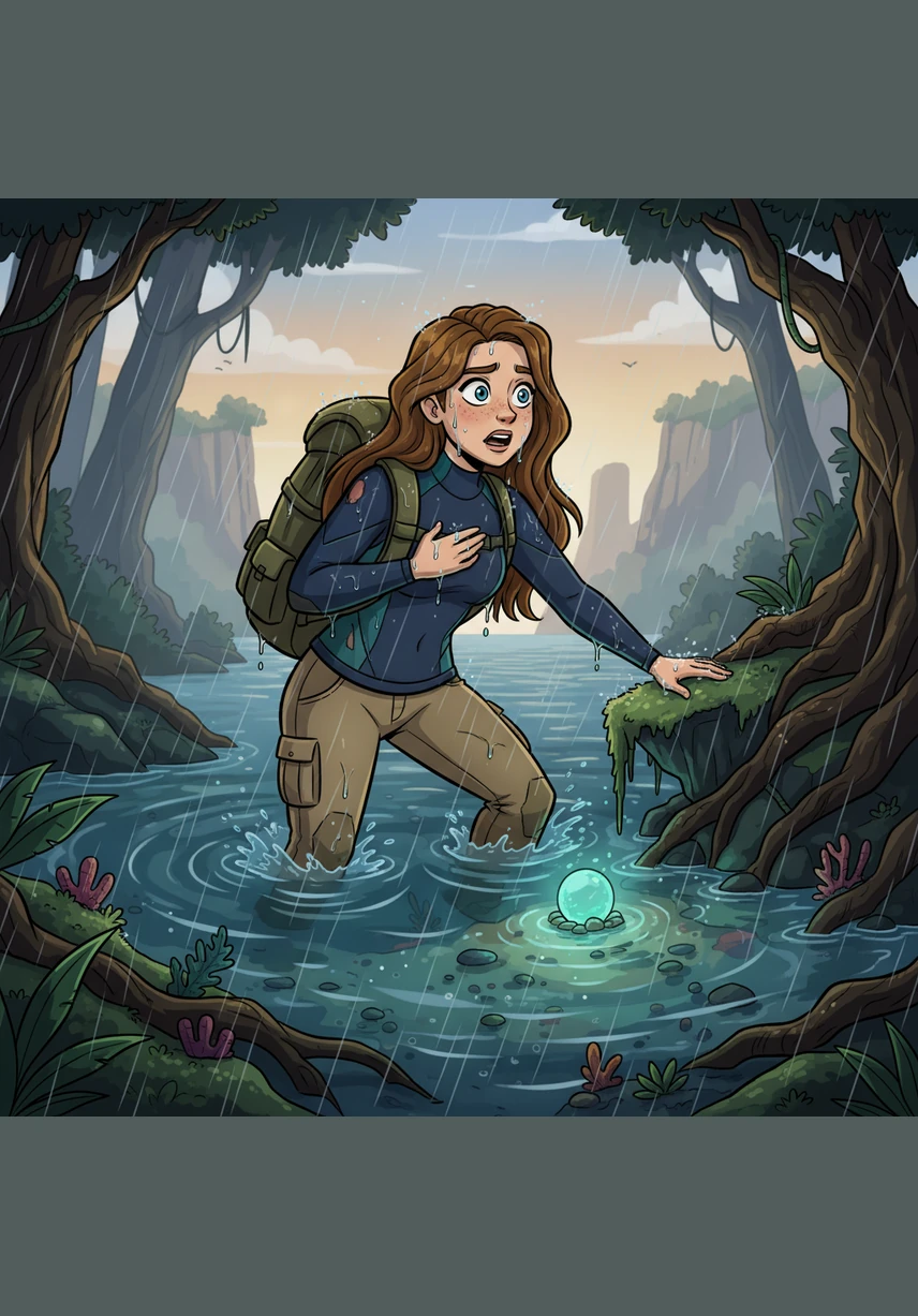 Leo is the first to swim back to the surface, gasping as he feels long, silken hair flowing behind him in the water. He reaches the shallow shore and looks into the still reflection, seeing the face of a striking young woman looking back with wide eyes.