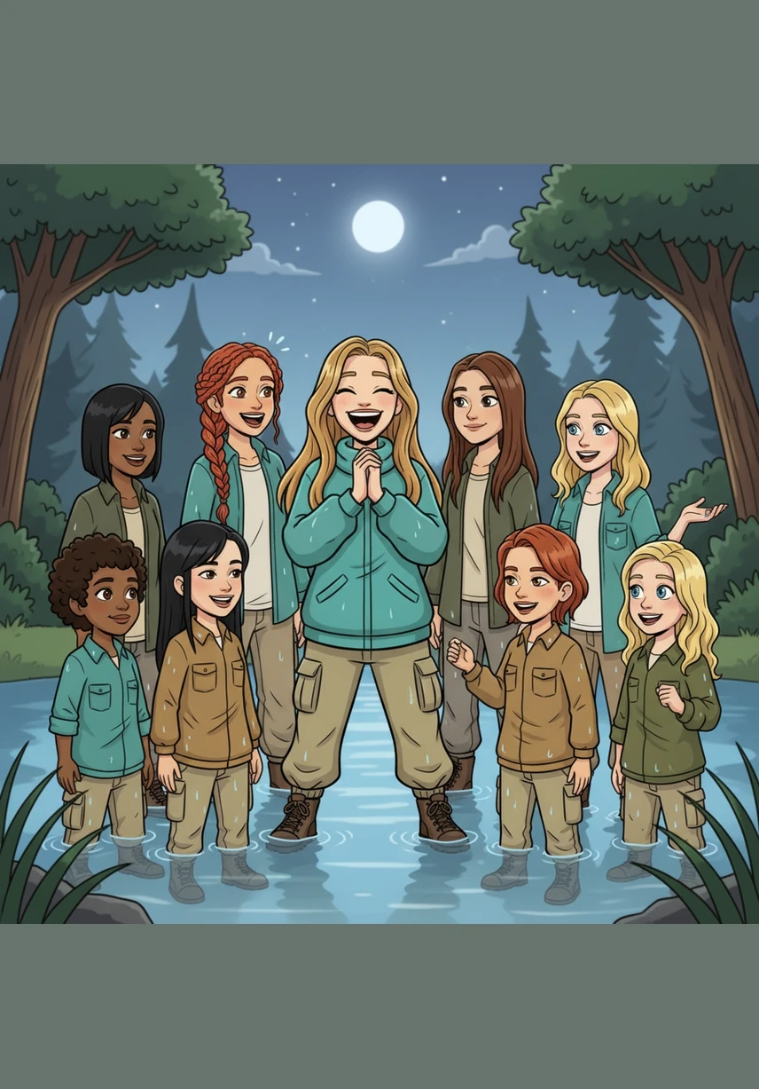 One by one, the others emerge from the lake, transformed into a group of nine beautiful women with diverse features. They stand in the shallows, looking at one another in stunned silence before breaking into fits of amazed, high-pitched laughter.