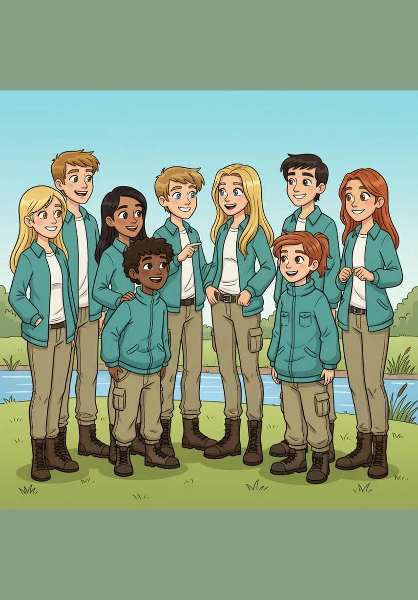 On the grassy bank, they struggle to adjust their oversized hiking clothes to fit their new, more slender frames. Despite the radical physical change, they quickly realize their personalities and shared history remain perfectly intact.