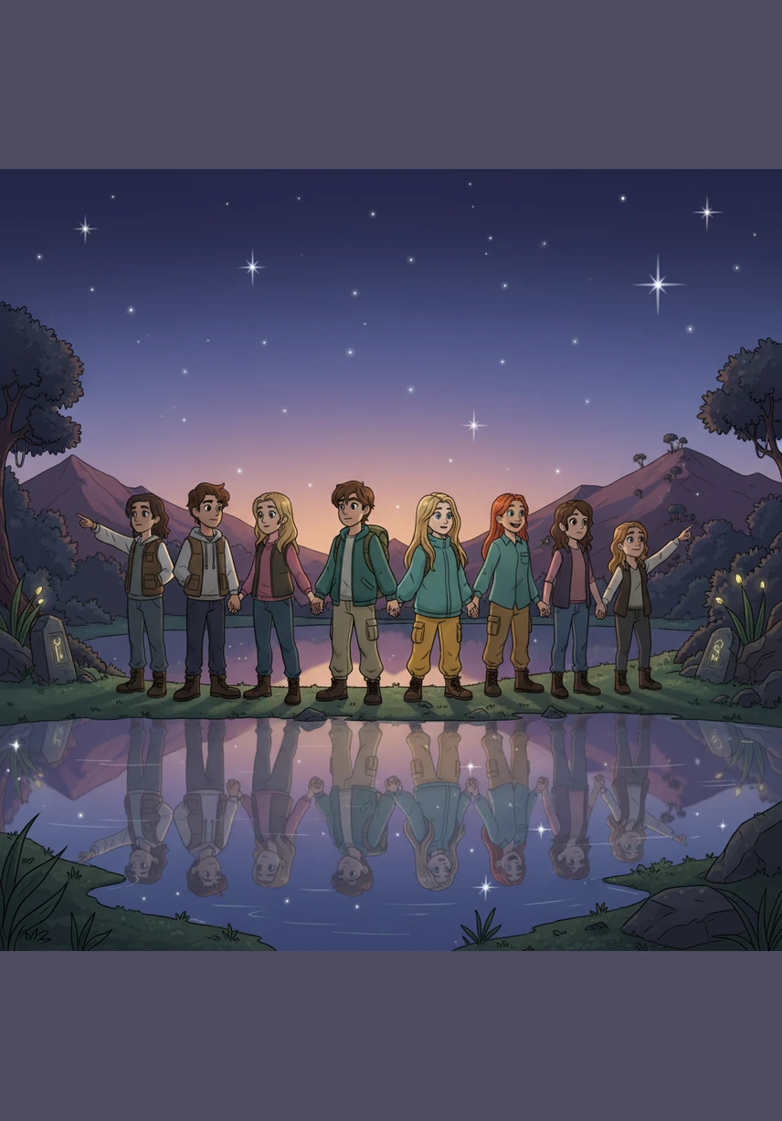 As twilight falls over the enchanted valley, the nine friends stand together at the water's edge, watching the stars reflect in the lake. They don't know what the future holds or how long the magic will last, but they are ready to face the world together.