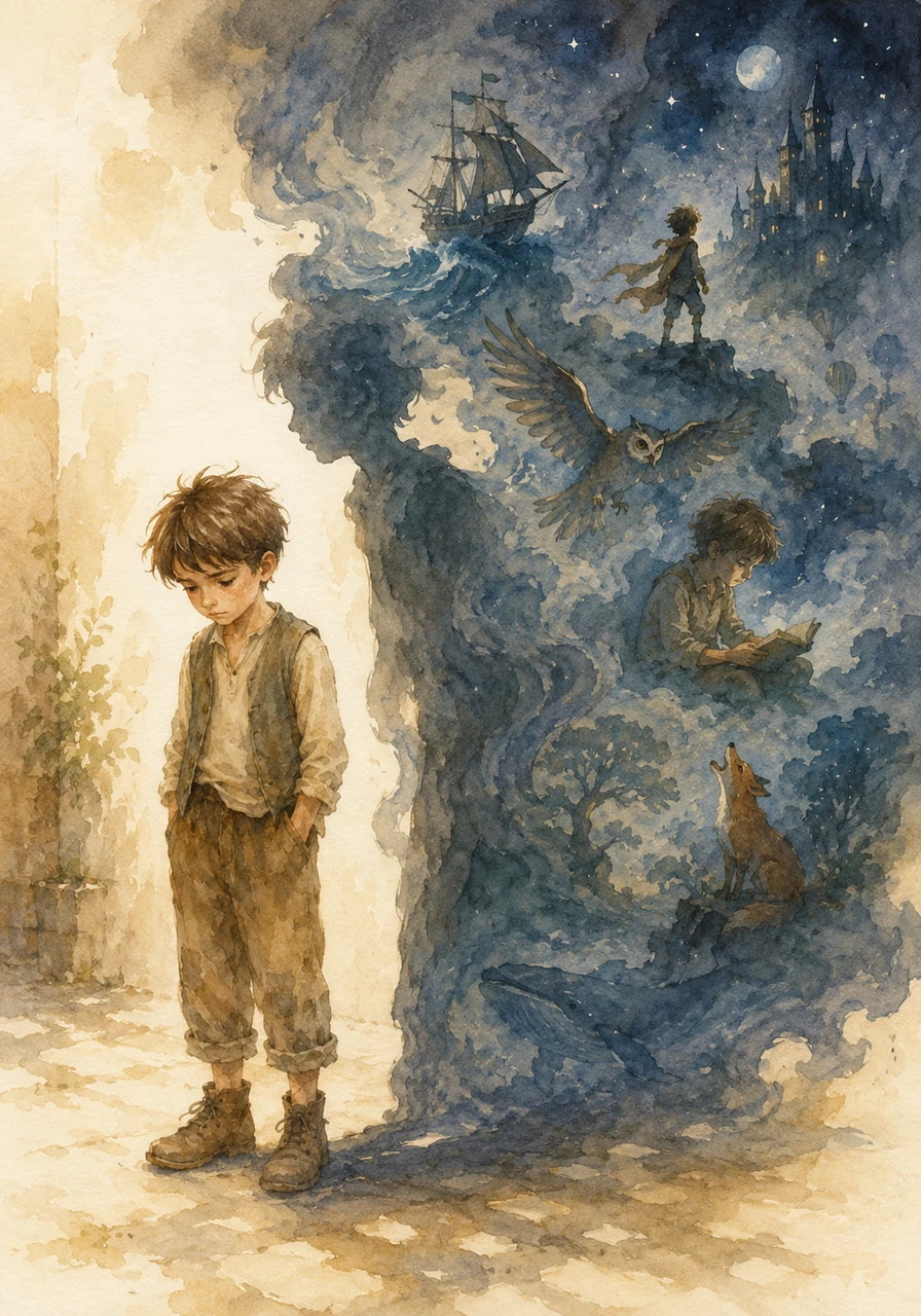 A shadow began to grow beside him, not of darkness, but of deep, unexpressed thoughts and emotions. It was a private world where his imagination flourished, a space between the light of the sun and the dark of the night.