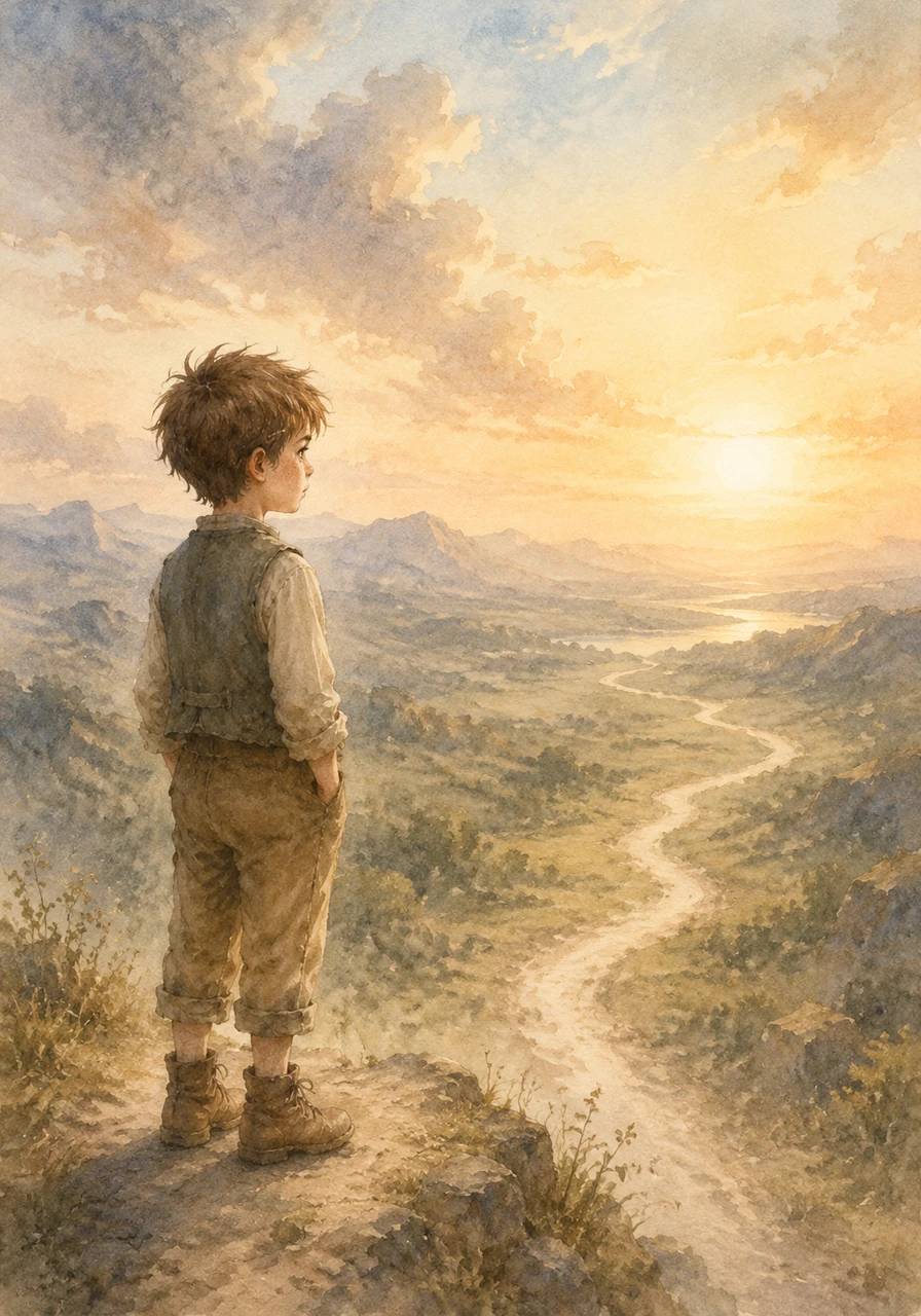 Now a young boy standing at the edge of the unknown, Timon looks toward the horizon with steady eyes. His story is no longer a question of silence, but a path winding through the great, beautiful mystery of being alive.