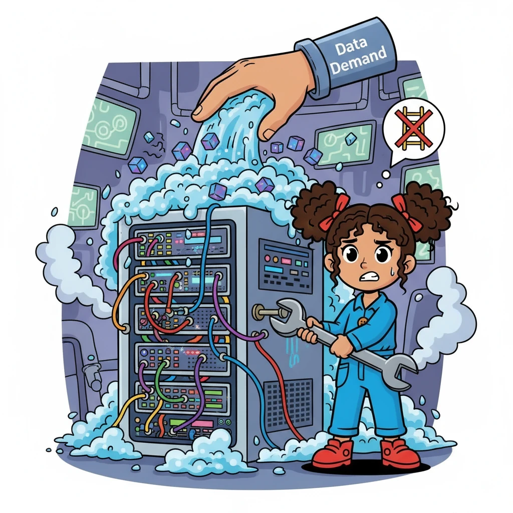 La imagen muestra un gráfico que ilustra el dilema del escalado en sistemas de bases de datos tradicionales. Se observa una máquina intentando escalar verticalmente, pero mostrando signos de fatiga y limitación ante la creciente demanda de datos.