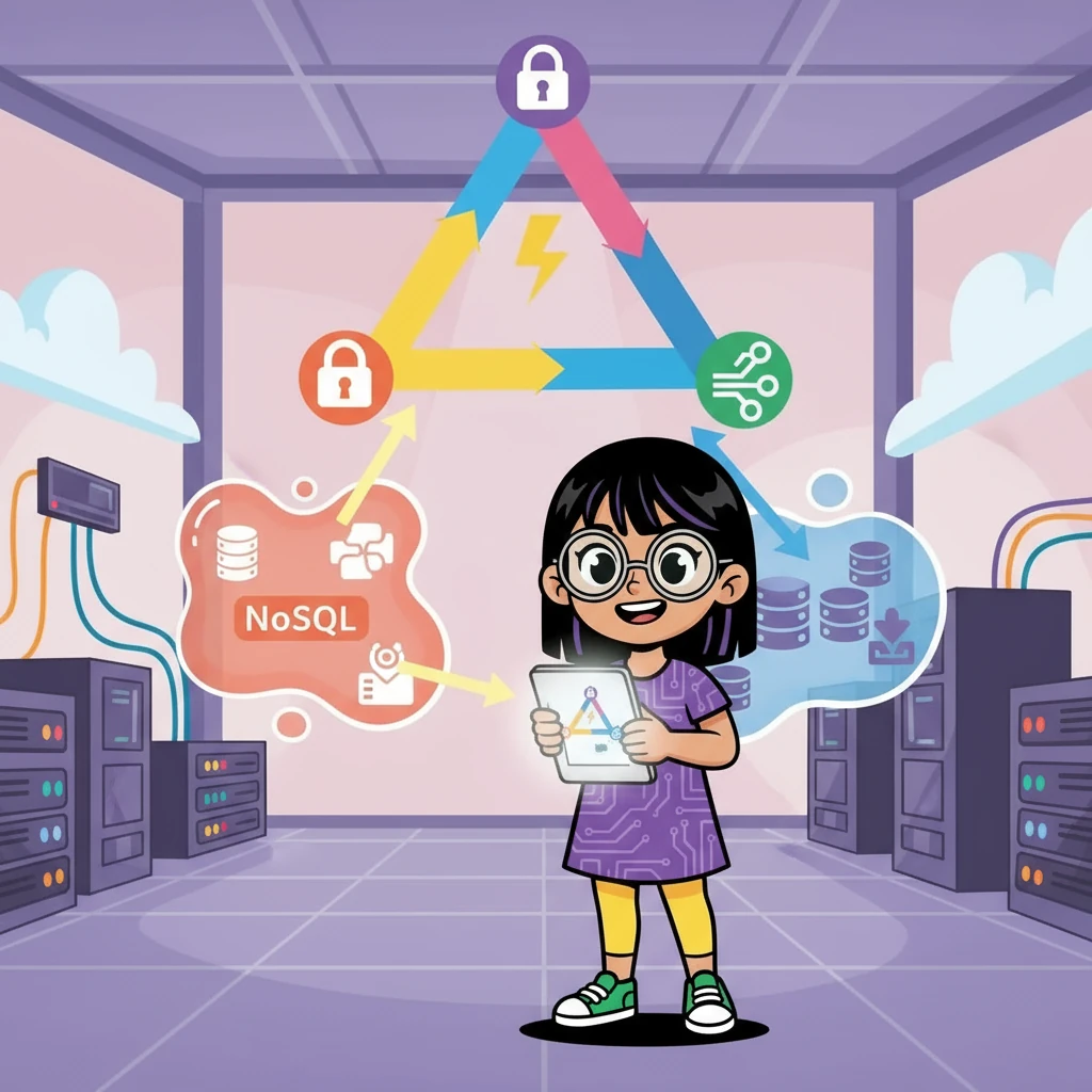 La imagen ilustra el Dilema de CAP con un diagrama que muestra las tres propiedades: Consistencia, Disponibilidad y Tolerancia a la partición, y las compensaciones inherentes en los sistemas distribuidos. Se enfatiza la elección de NoSQL.