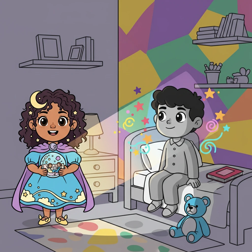 Una noche, Luna visitó a un niño que había olvidado soñar.  En su habitación, todo era gris y apagado.  Luna, con su frasco brillante, le mostró la esperanza, recordándole la alegría de imaginar y creer en un futuro lleno de colores.