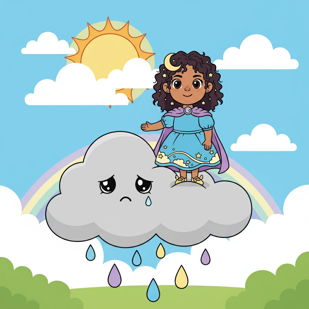 En su siguiente viaje, Luna encontró una nube que tenía miedo de llover.  La nube, triste y solitaria, no quería dejar ir sus lágrimas.  Luna le enseñó que soltar es parte de la vida y que después de la lluvia, siempre sale el sol.