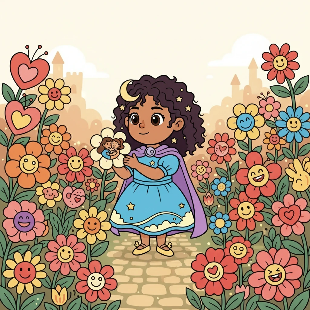 Luna visitó un jardín lleno de recuerdos.  Flores hermosas representaban momentos de amor y felicidad.  Allí, Luna aprendió que los recuerdos, como las flores, deben ser cuidados y valorados, porque forman parte de quienes somos.