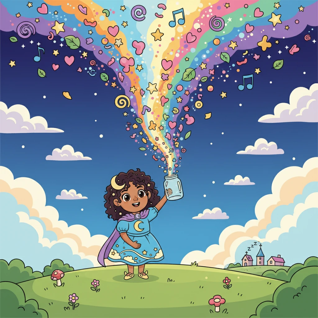 Finalmente, Luna se dio cuenta de que guardar los sueños no era suficiente.  En su último frasco, vacío, comprendió que los sueños solo cobran vida cuando se comparten con los demás.  Y así, Luna liberó todos los sueños, llenando el cielo de alegría y color.