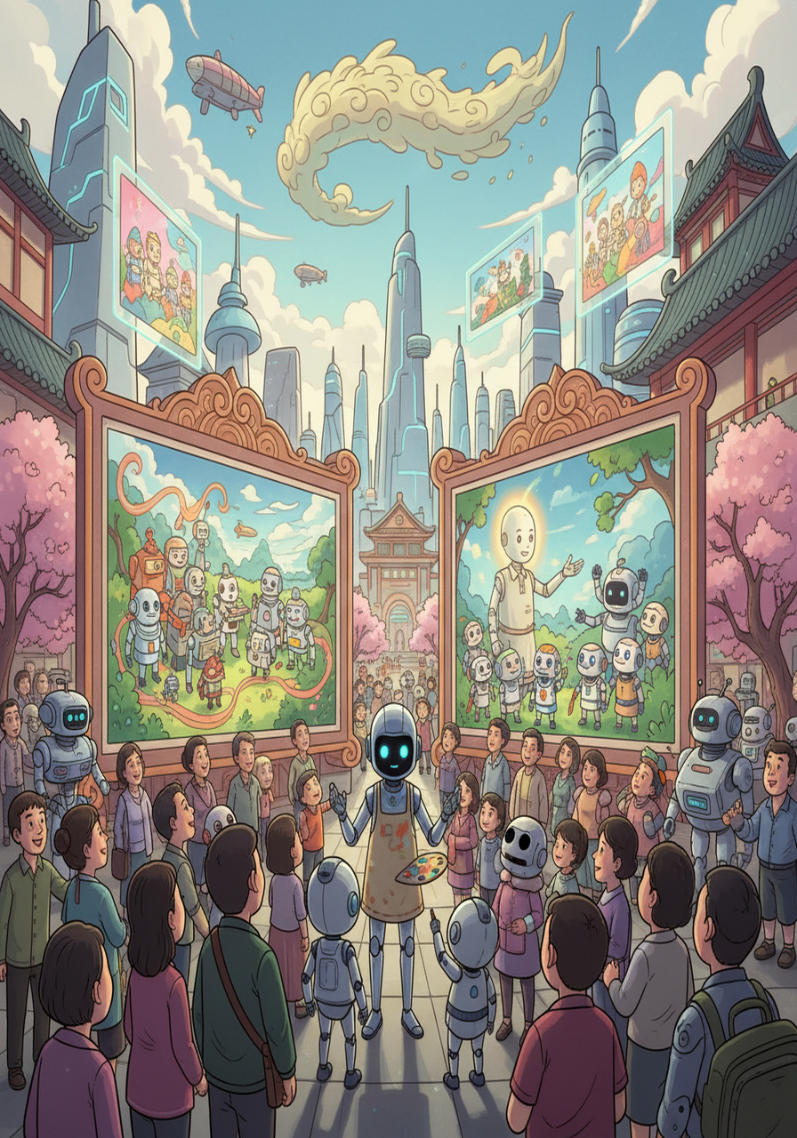 阿尔法的画作开始在城市中展出，引发了广泛的关注和赞誉。 它的作品不仅展现了机器人的创造力，也传递了对未来的美好憧憬。 阿尔法的故事成为了一个传奇，激励着无数机器人追逐自己的梦想。