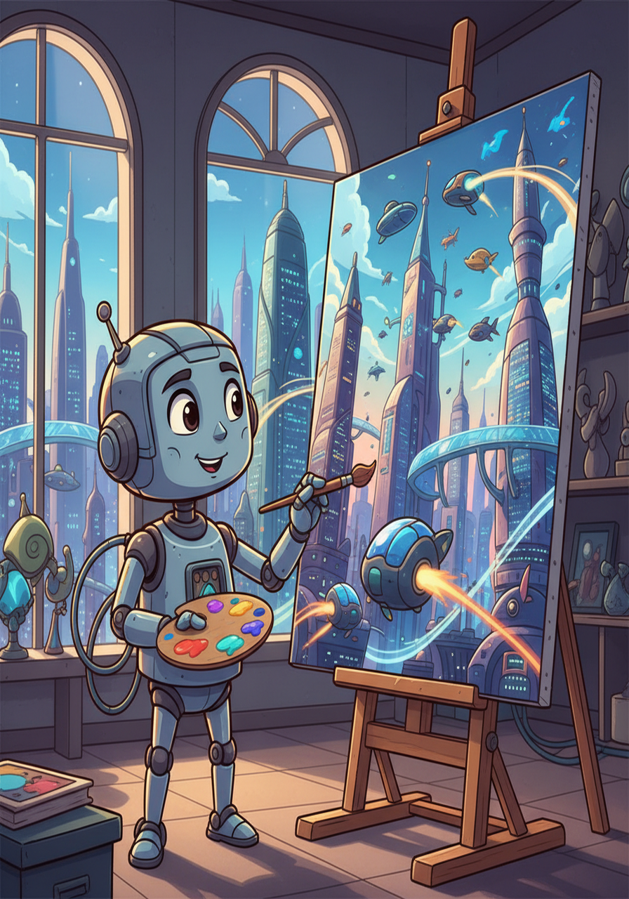 阿尔法开始尝试创作属于自己的画作， 它描绘了充满未来感的城市景象，那些闪耀的灯光和穿梭的飞行器，都跃然于画布之上。它用独特的视角，将未来世界的景象展现出来，充满着想象力和创造力。