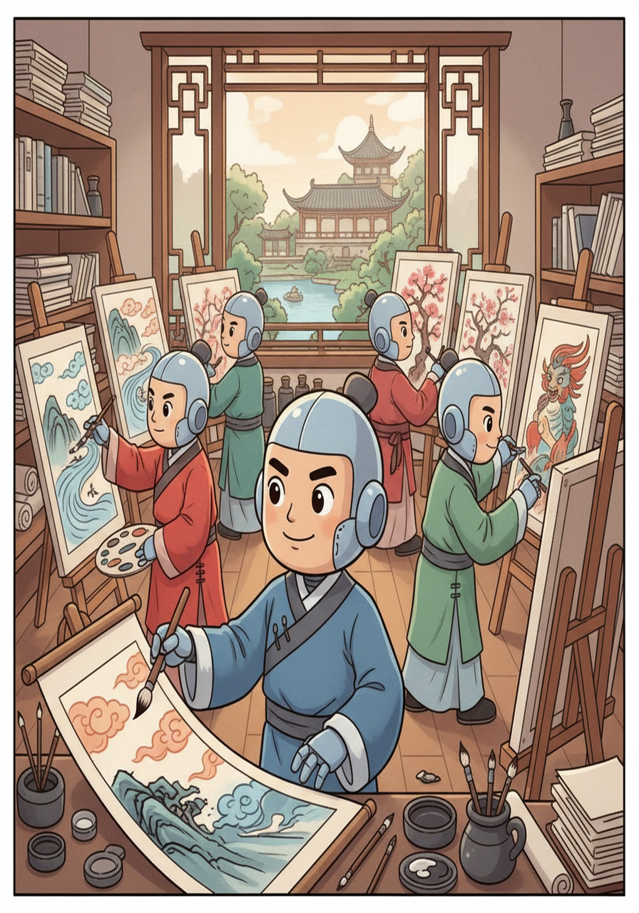 阿尔法面临着来自其他机器人的竞争。 这些机器人都有着精湛的绘画技巧，创作出了令人惊叹的作品。阿尔法并没有因此气馁，反而更加努力，不断改进自己的作品，力求做到最好。