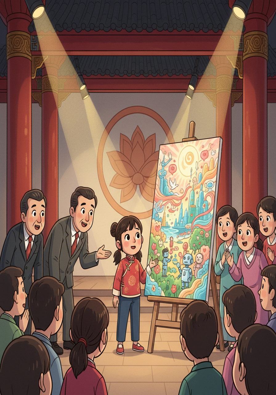 比赛当天，阿尔法将自己精心创作的画作呈现在评委面前。 这幅画作充满了对未来的憧憬和对情感的细腻描绘，独特的视角和表现手法，深深地吸引了所有评委和观众。