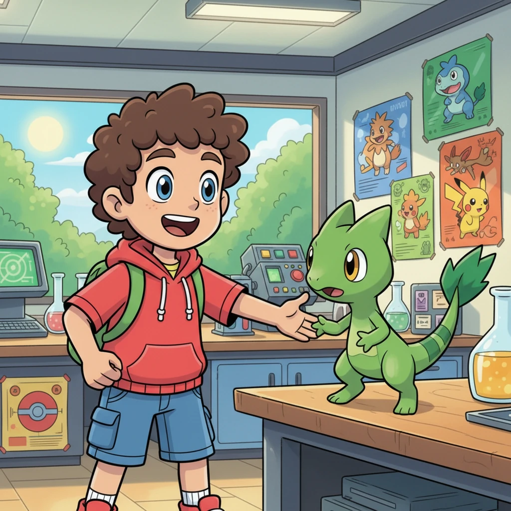 A wide-eyed Leo, brimming with excitement, stands in Professor Birch's vibrant Hoenn lab. He carefully reaches for his first partner Pokémon, a lively Treecko, whose tail twitches with anticipation. Bright scientific gadgets and colorful posters of Hoenn Pokémon adorn the cheerful room.