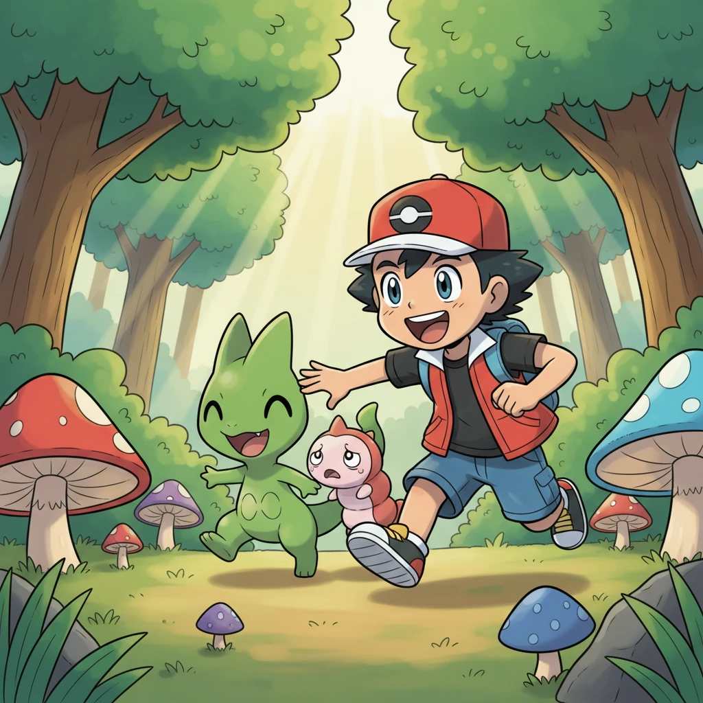 Leo and his new friend Treecko laugh as they dash through a sun-drenched Hoenn forest, its trees a brilliant green. They spot a tiny, lost Wurmple looking worriedly for its family amidst giant, whimsical mushrooms. Treecko gently nudges the Wurmple, offering comfort.