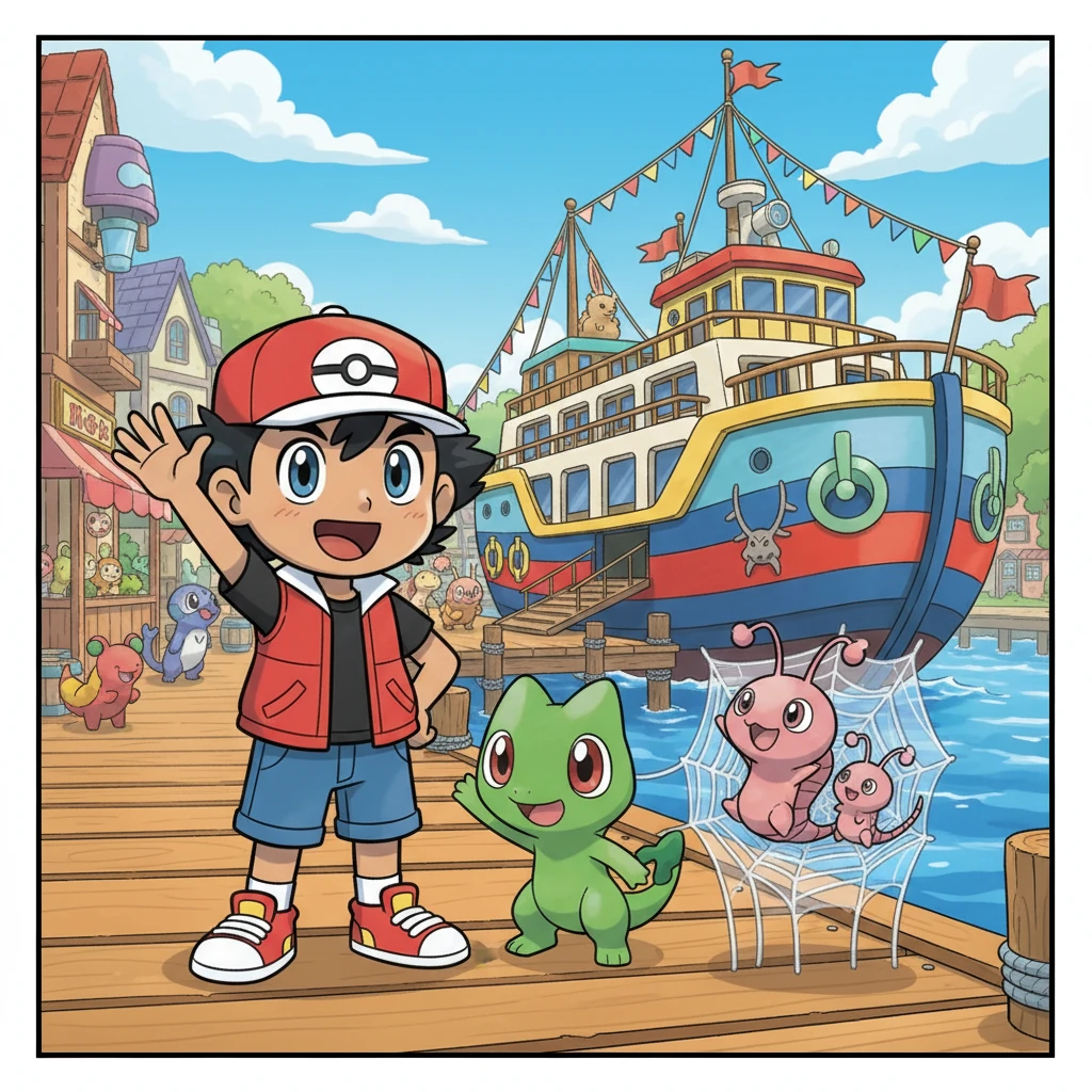 With a happy wave, Leo and Treecko stand on a bustling Hoenn dock, bidding farewell to the now reunited Wurmple family. A colorful ferry, adorned with cheerful flags, awaits them, ready to carry them to new horizons. Leo's face beams with the thrill of upcoming adventures.